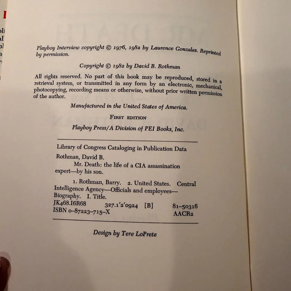 Mr. Death The Life Of A CIA Assassination Expert David B. Rothman 1982 1st Editi